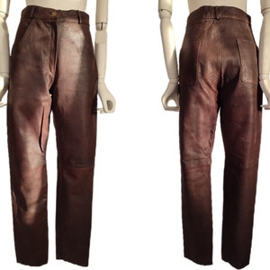 90&#39;s Vintage Brown Leather Trousers, High Waist Women&#39;s Leather Pants, Genuine Leather Biker/Rocker/Motorcycle Pants Size S/M