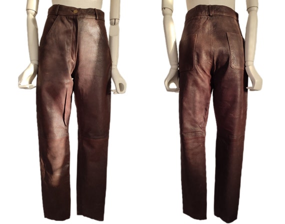 90's Vintage Brown Leather Trousers, High Waist Women's Leather Pants, Genuine Leather Biker/Rocker/Motorcycle Pants Size S/M