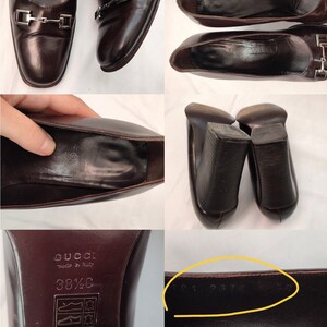May include: Brown leather heeled shoes with a buckle detail. The shoes have a Gucci label on the sole and are size 38 1/2 C.