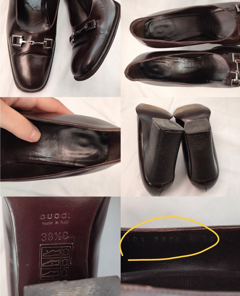 May include: Brown leather heeled shoes with a buckle detail. The shoes have a Gucci label on the sole and are size 38 1/2 C.