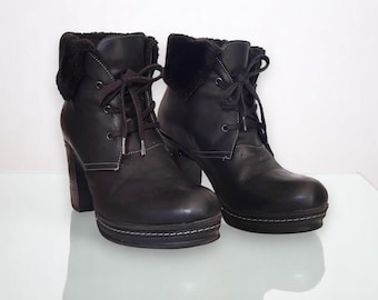 Zwart leer veterschoenen enkellaarsjes imitatiebont enkellaarsjes dikke dames laarzen met hoge hak vintage retro laarzen Eu38/Us7.5