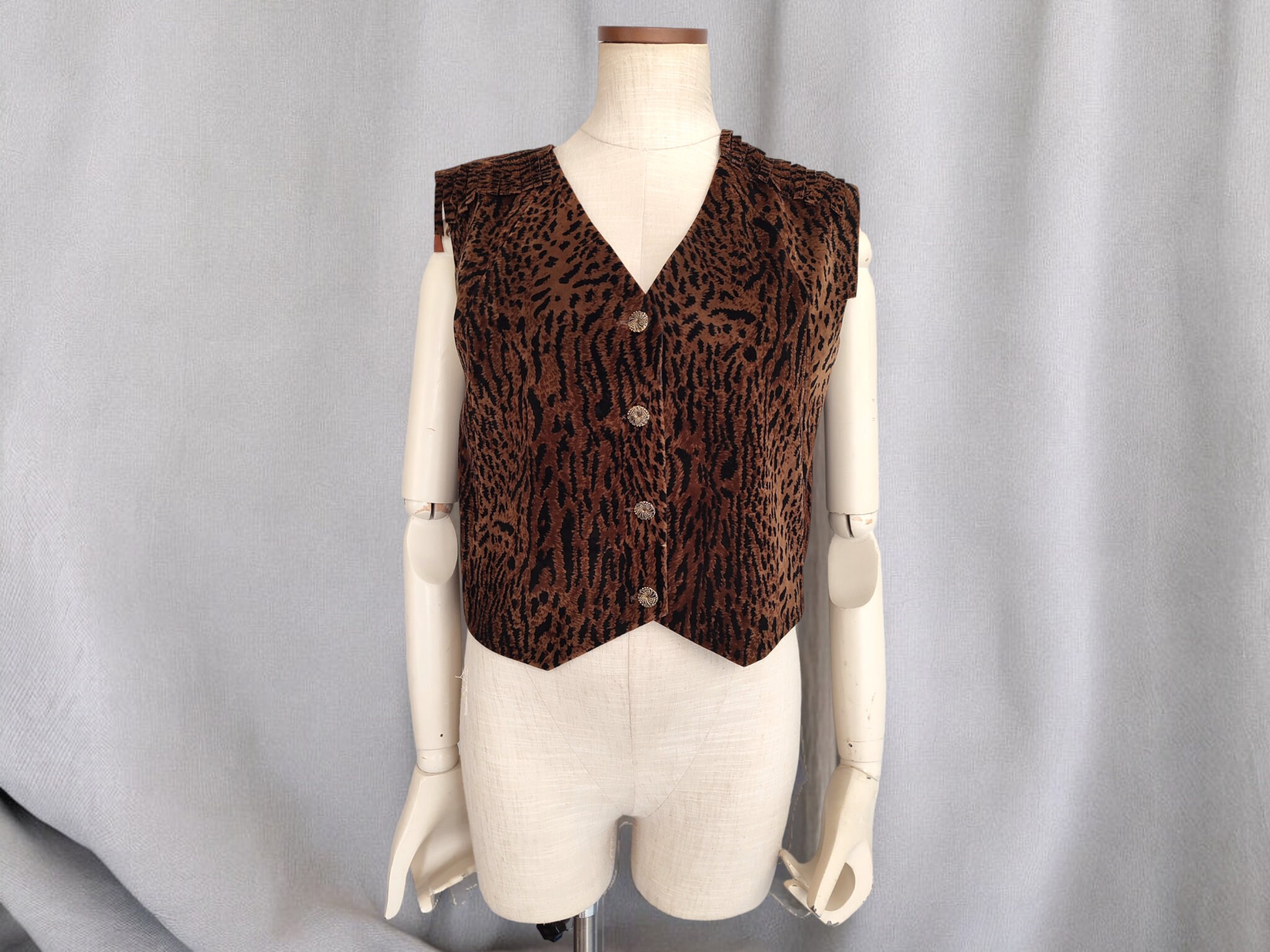 Vintage Leopard Faux Suede Vest With Shoulder Tassel, Button up 
