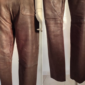 90-tals vintage bruna läderbyxor, damläderbyxor med hög midja, äkta läder, biker-/rocker-/motorcykelbyxor, storlek S/M bild 7