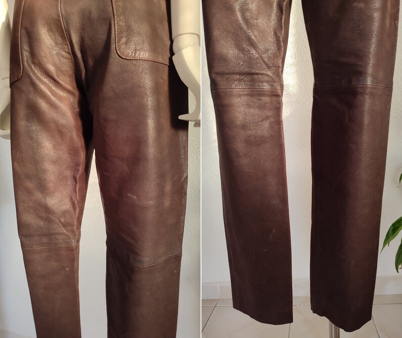 90-tals vintage bruna läderbyxor, damläderbyxor med hög midja, äkta läder, biker-/rocker-/motorcykelbyxor, storlek S/M bild 7