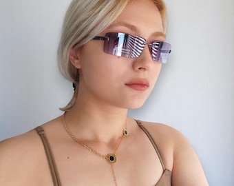 Y2k Vintage Rectangular Rimless Wrap Sunglasses in Two Tone For Men And Women 90's 00's Y2k Sunglasses, %100 UV, NOS