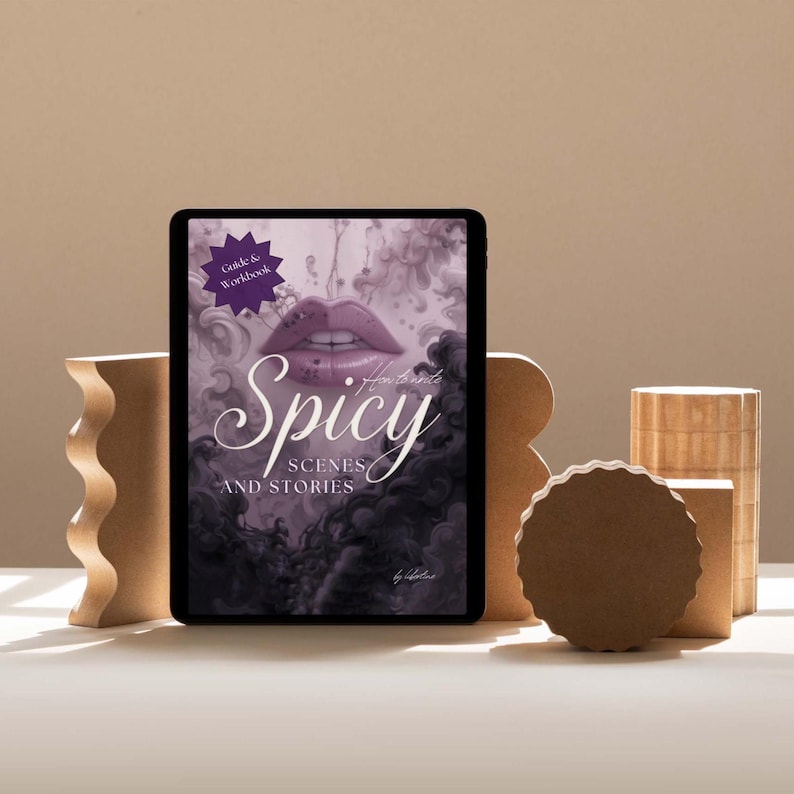 Interactive PDF guide for writing spicy and intimate scenes in romance and erotica, including six chapters, creative writing exercises, tips for pacing, sensory detail, consent, and story integration, with full-color and grayscale versions for printing.