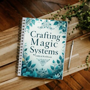 A preview of a downloadable interactive PDF workbook titled ‘Magic System Creative Writing Guide’ featuring 6 structured chapters with prompts, fillable exercises, inspirational quotes, and world-building sections for fantasy authors.