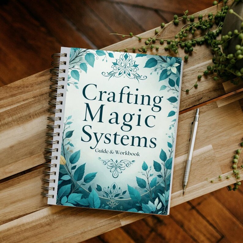 A preview of a downloadable interactive PDF workbook titled ‘Magic System Creative Writing Guide’ featuring 6 structured chapters with prompts, fillable exercises, inspirational quotes, and world-building sections for fantasy authors.