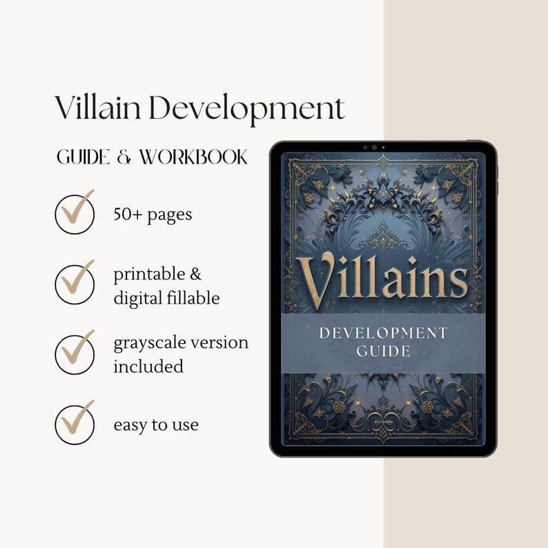 Villain Development Guide PDF workbook for writers – creative writing resource to build unforgettable antagonists and complex villains.