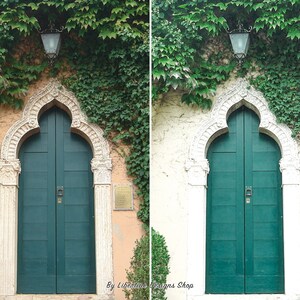 May include: A green double door with an arched entryway, surrounded by lush green ivy. The door is set in a white wall with a light fixture above.