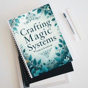 A preview of a downloadable interactive PDF workbook titled ‘Magic System Creative Writing Guide’ featuring 6 structured chapters with prompts, fillable exercises, inspirational quotes, and world-building sections for fantasy authors.