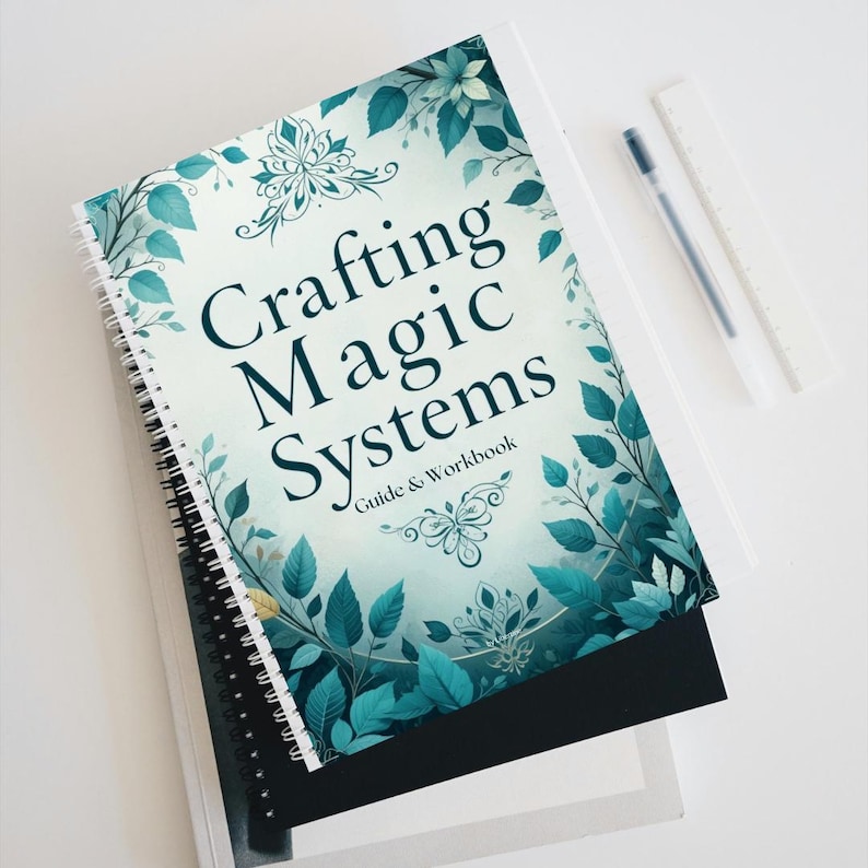 A preview of a downloadable interactive PDF workbook titled ‘Magic System Creative Writing Guide’ featuring 6 structured chapters with prompts, fillable exercises, inspirational quotes, and world-building sections for fantasy authors.