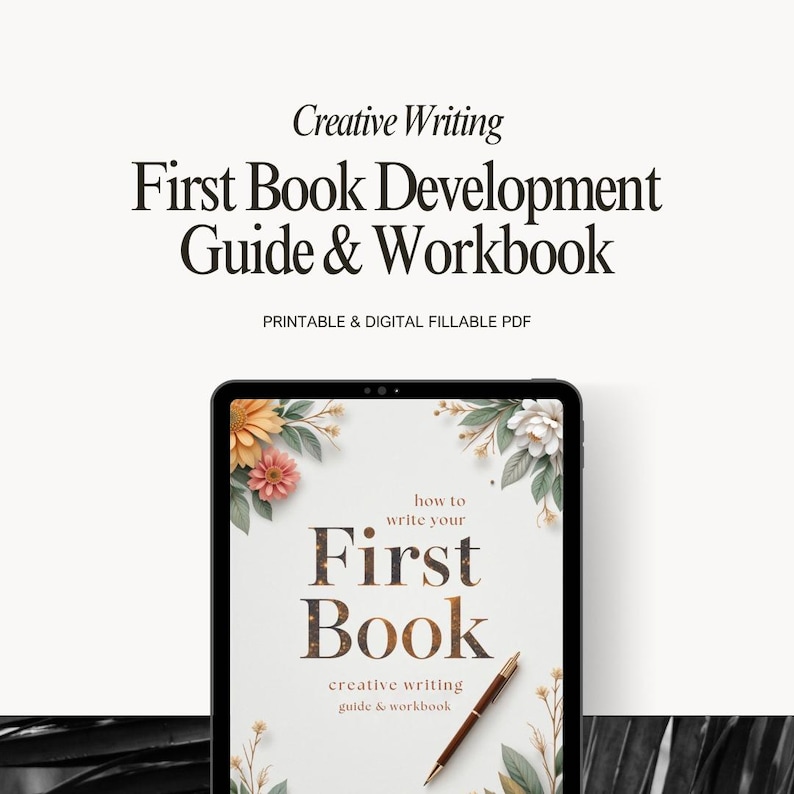 First Book Writing Guide PDF for beginners with interactive workbook, writing prompts, checklists, and self-publishing tips