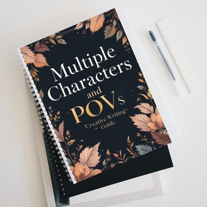 Cover image of a digital writing guide for authors featuring multi-character and multiple POV techniques, interactive workbook layout with prompts, questions, tips, and Canva-friendly design for story structure and voice development.