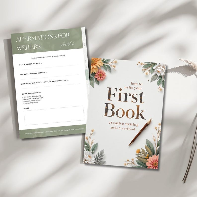 First Book Writing Guide PDF for beginners with interactive workbook, writing prompts, checklists, and self-publishing tips