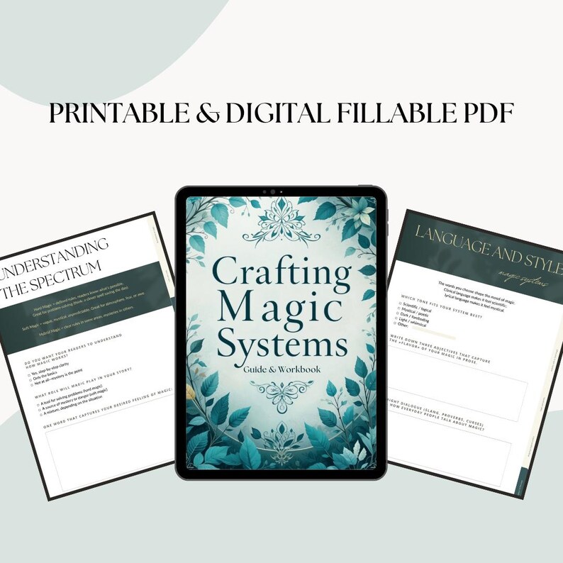 A preview of a downloadable interactive PDF workbook titled ‘Magic System Creative Writing Guide’ featuring 6 structured chapters with prompts, fillable exercises, inspirational quotes, and world-building sections for fantasy authors.