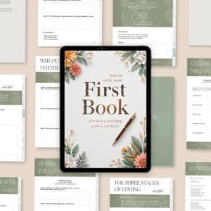 First Book Writing Guide PDF for beginners with interactive workbook, writing prompts, checklists, and self-publishing tips