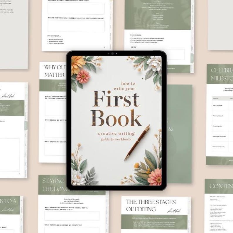 First Book Writing Guide PDF for beginners with interactive workbook, writing prompts, checklists, and self-publishing tips