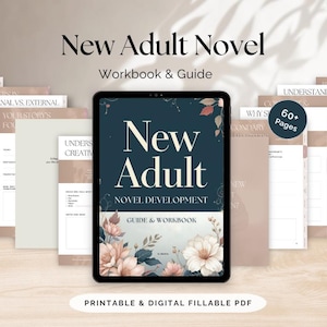Peut inclure: Un guide et un cahier d'exercices numériques pour le développement de romans pour jeunes adultes. La tablette affiche les mots "New Adult" dans une police stylisée, avec des accents floraux. Le cahier d'exercices comprend plus de 60 pages.