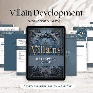 以下が含まれることがあります： 「Villain Development」というタイトルのデジタルワークブックとガイド。ガイドの表紙には、装飾的なボーダーが付いた金色の文字で「Villains」という文字が描かれています。ワークブックには50ページ以上が含まれており、印刷可能でデジタルで入力可能なPDFとして利用できます。