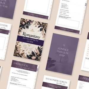 Romantasy Writing Guide PDF for Romance and Fantasy Authors, interactive Canva workbook with 12 chapters, character development, plot twists, worldbuilding, and story planning tools