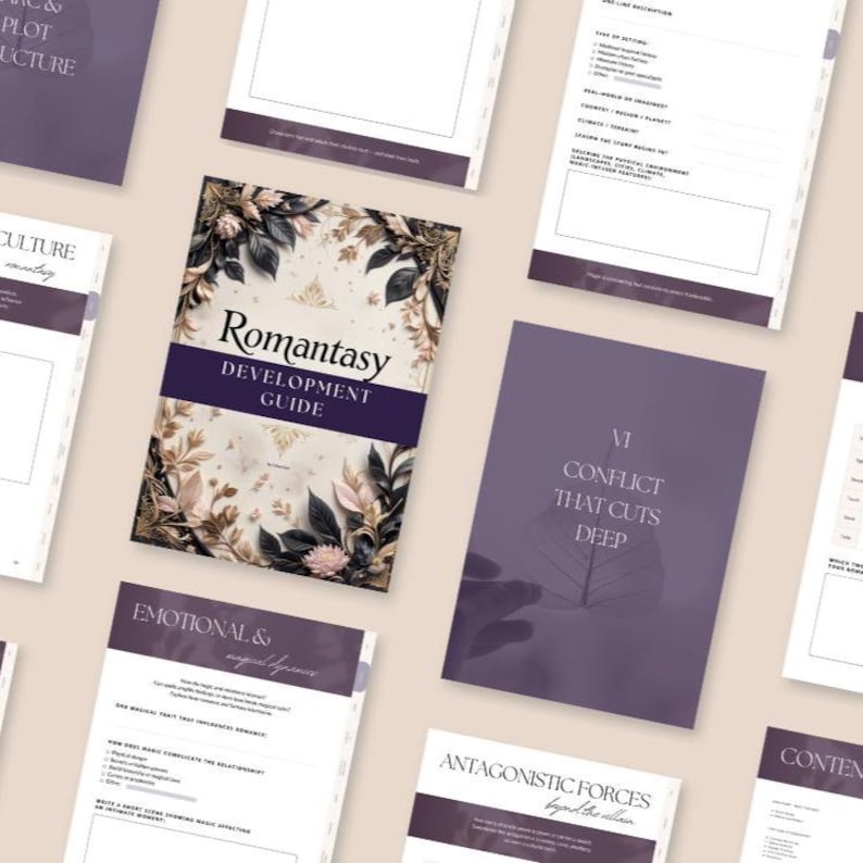 Romantasy Writing Guide PDF for Romance and Fantasy Authors, interactive Canva workbook with 12 chapters, character development, plot twists, worldbuilding, and story planning tools