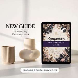 Romantasy Writing Guide PDF for Romance and Fantasy Authors, interactive Canva workbook with 12 chapters, character development, plot twists, worldbuilding, and story planning tools