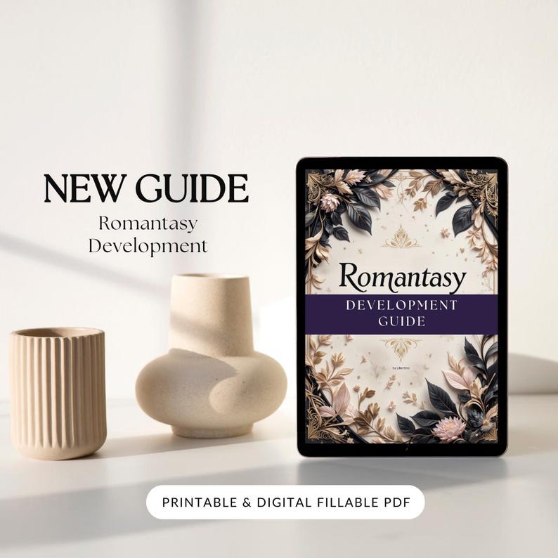 Romantasy Writing Guide PDF for Romance and Fantasy Authors, interactive Canva workbook with 12 chapters, character development, plot twists, worldbuilding, and story planning tools