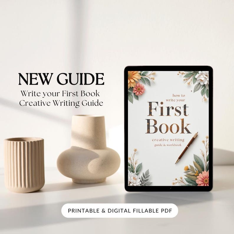 First Book Writing Guide PDF for beginners with interactive workbook, writing prompts, checklists, and self-publishing tips