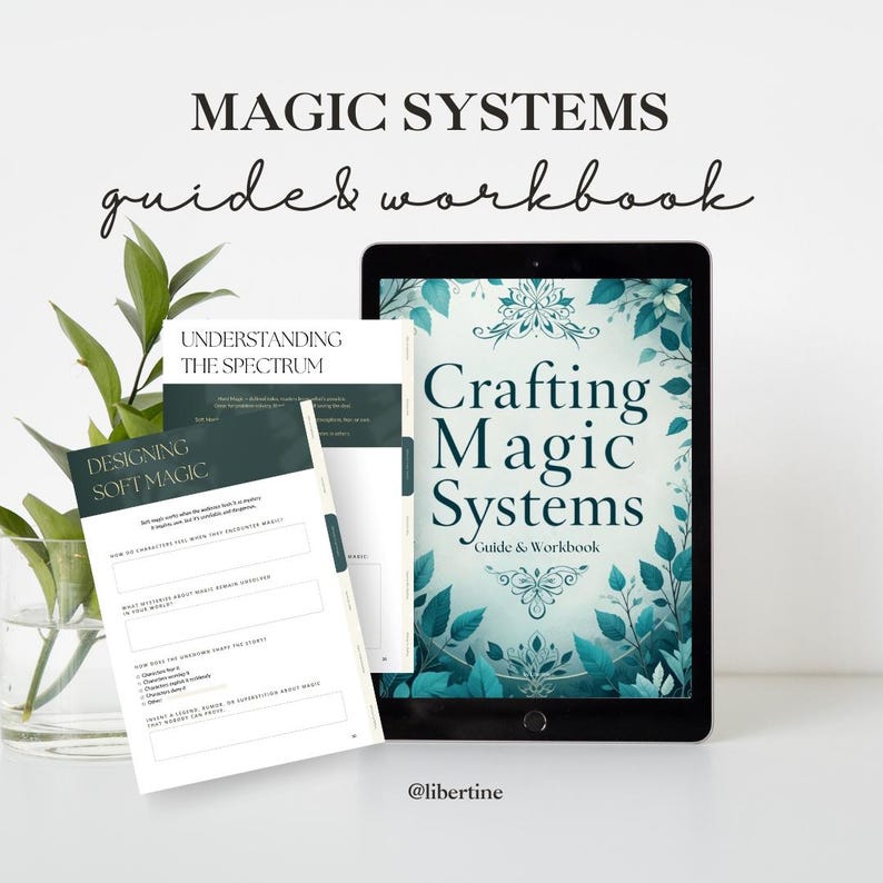 A preview of a downloadable interactive PDF workbook titled ‘Magic System Creative Writing Guide’ featuring 6 structured chapters with prompts, fillable exercises, inspirational quotes, and world-building sections for fantasy authors.