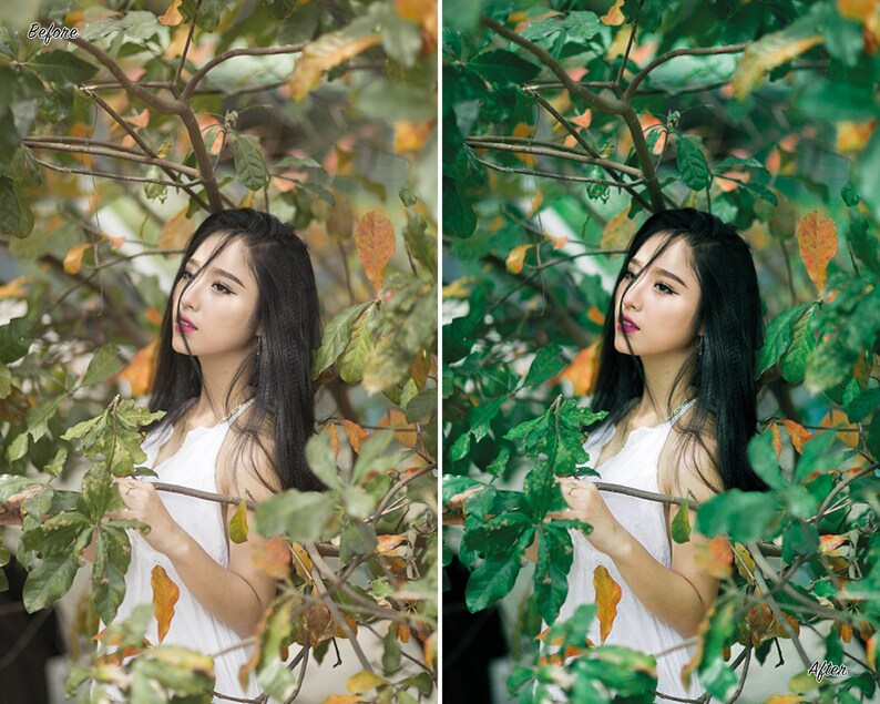 May include: A woman with long black hair stands in front of a leafy green tree. She is wearing a white sleeveless top and has a branch in her hand.