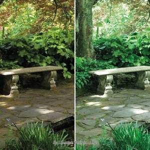 May include: A stone bench sits on a stone patio in a lush green garden. The bench has a simple design with a flat top and four legs. The garden is filled with green plants and trees. The patio is made of irregular shaped stones.