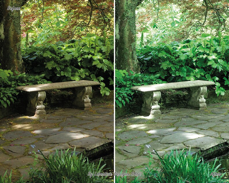 May include: A stone bench sits on a stone patio in a lush green garden. The bench has a simple design with a flat top and four legs. The garden is filled with green plants and trees. The patio is made of irregular shaped stones.