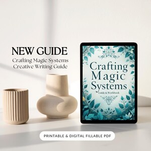 A preview of a downloadable interactive PDF workbook titled ‘Magic System Creative Writing Guide’ featuring 6 structured chapters with prompts, fillable exercises, inspirational quotes, and world-building sections for fantasy authors.