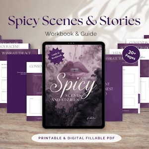 May include: A digital workbook and guide titled "Spicy Scenes & Stories" with a cover featuring a close-up of lips. The image includes the text "Printable & Digital Fillable PDF" and "30+ Pages".