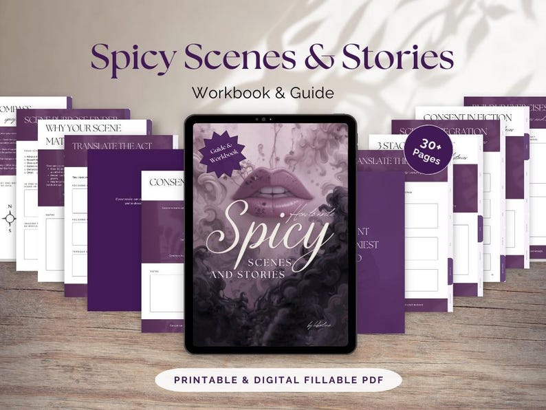 Interactive PDF guide for writing spicy and intimate scenes in romance and erotica, including six chapters, creative writing exercises, tips for pacing, sensory detail, consent, and story integration, with full-color and grayscale versions for printing.