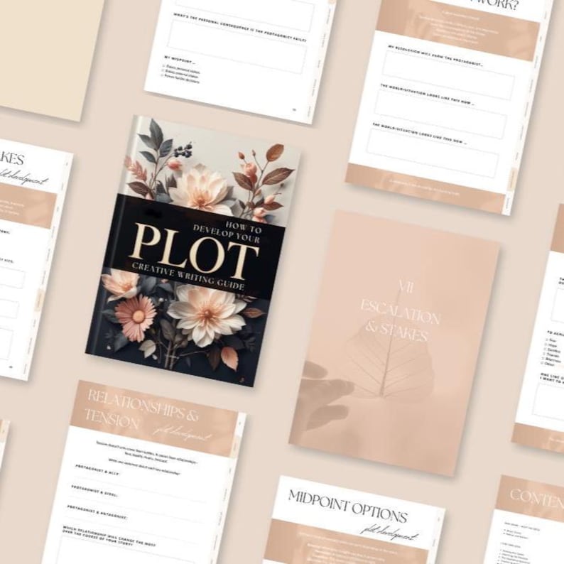 Story planning worksheet from the Plot Development Workbook – guided writing prompts for authors to develop characters and structure plots.