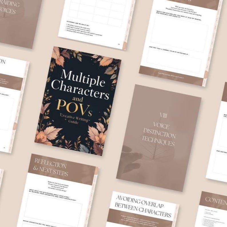 Cover image of a digital writing guide for authors featuring multi-character and multiple POV techniques, interactive workbook layout with prompts, questions, tips, and Canva-friendly design for story structure and voice development.