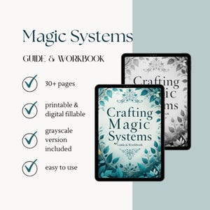 A preview of a downloadable interactive PDF workbook titled ‘Magic System Creative Writing Guide’ featuring 6 structured chapters with prompts, fillable exercises, inspirational quotes, and world-building sections for fantasy authors.