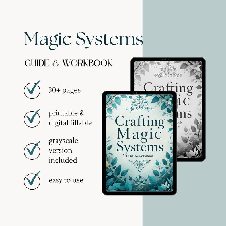 A preview of a downloadable interactive PDF workbook titled ‘Magic System Creative Writing Guide’ featuring 6 structured chapters with prompts, fillable exercises, inspirational quotes, and world-building sections for fantasy authors.