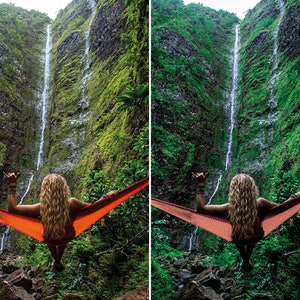 May include: A woman relaxes in a bright orange hammock with a lush green waterfall in the background.