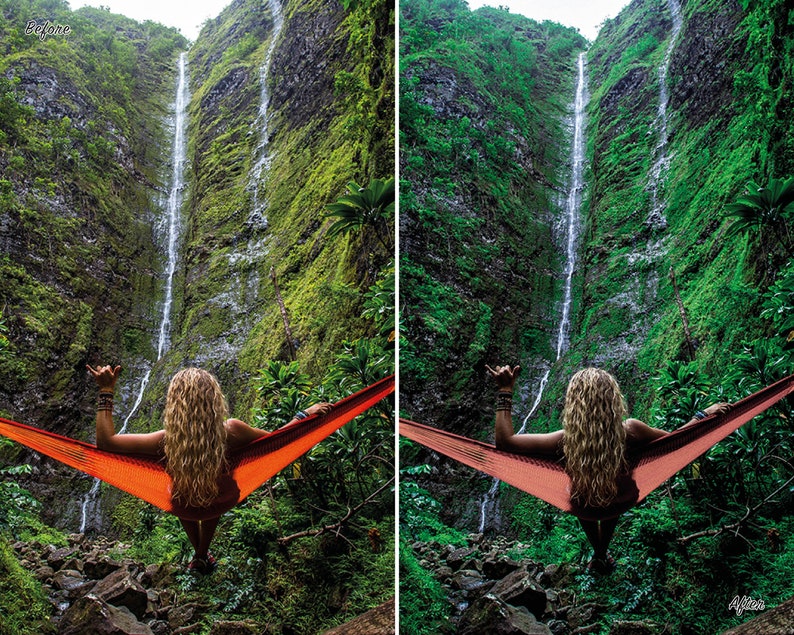 May include: A woman relaxes in a bright orange hammock with a lush green waterfall in the background.