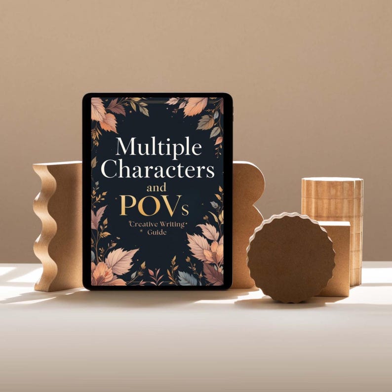 Cover image of a digital writing guide for authors featuring multi-character and multiple POV techniques, interactive workbook layout with prompts, questions, tips, and Canva-friendly design for story structure and voice development.
