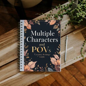 Cover image of a digital writing guide for authors featuring multi-character and multiple POV techniques, interactive workbook layout with prompts, questions, tips, and Canva-friendly design for story structure and voice development.