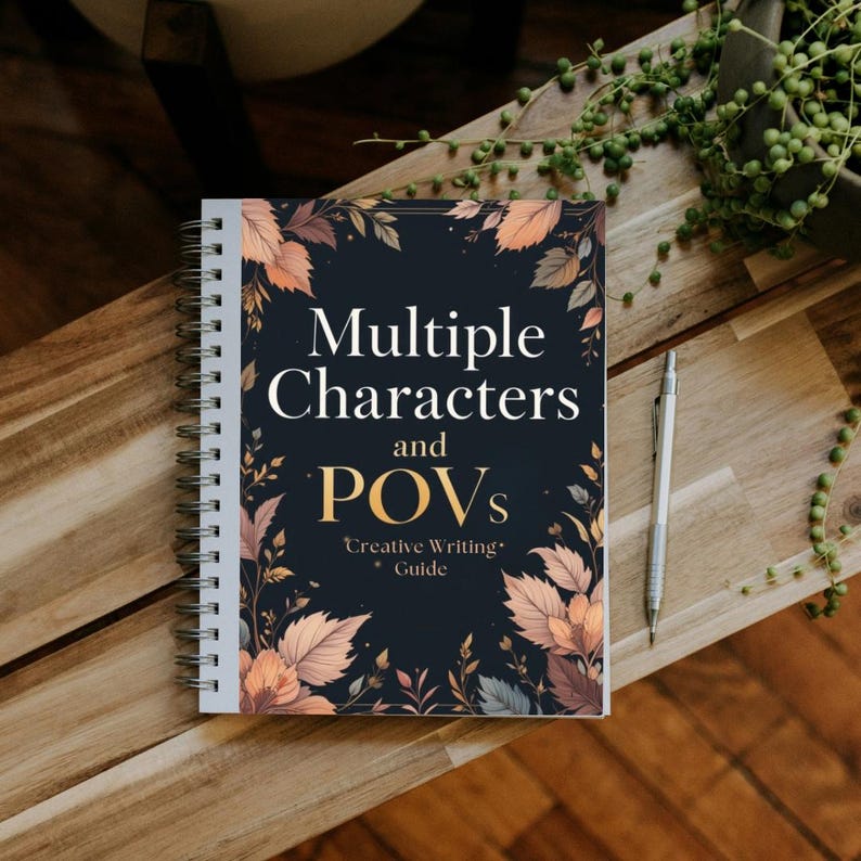 Cover image of a digital writing guide for authors featuring multi-character and multiple POV techniques, interactive workbook layout with prompts, questions, tips, and Canva-friendly design for story structure and voice development.