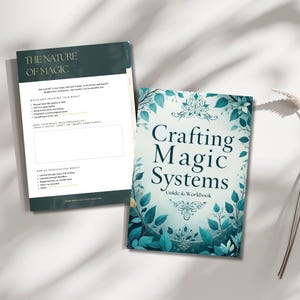 A preview of a downloadable interactive PDF workbook titled ‘Magic System Creative Writing Guide’ featuring 6 structured chapters with prompts, fillable exercises, inspirational quotes, and world-building sections for fantasy authors.