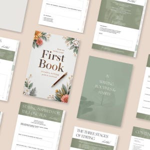 First Book Writing Guide PDF for beginners with interactive workbook, writing prompts, checklists, and self-publishing tips