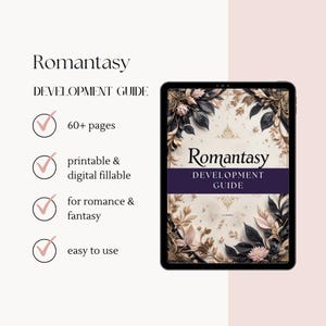 Romantasy Writing Guide PDF for Romance and Fantasy Authors, interactive Canva workbook with 12 chapters, character development, plot twists, worldbuilding, and story planning tools