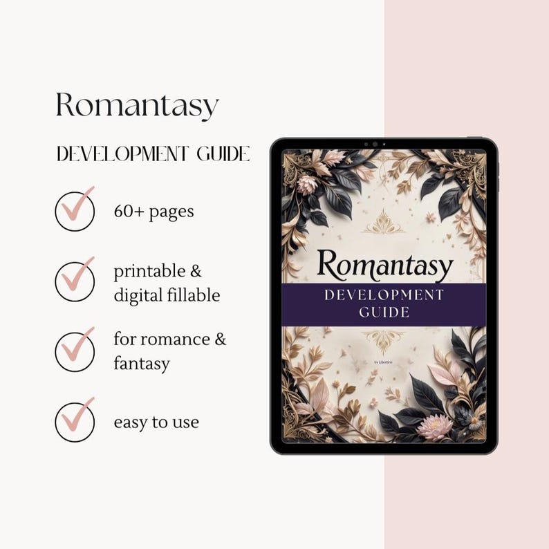 Romantasy Writing Guide PDF for Romance and Fantasy Authors, interactive Canva workbook with 12 chapters, character development, plot twists, worldbuilding, and story planning tools
