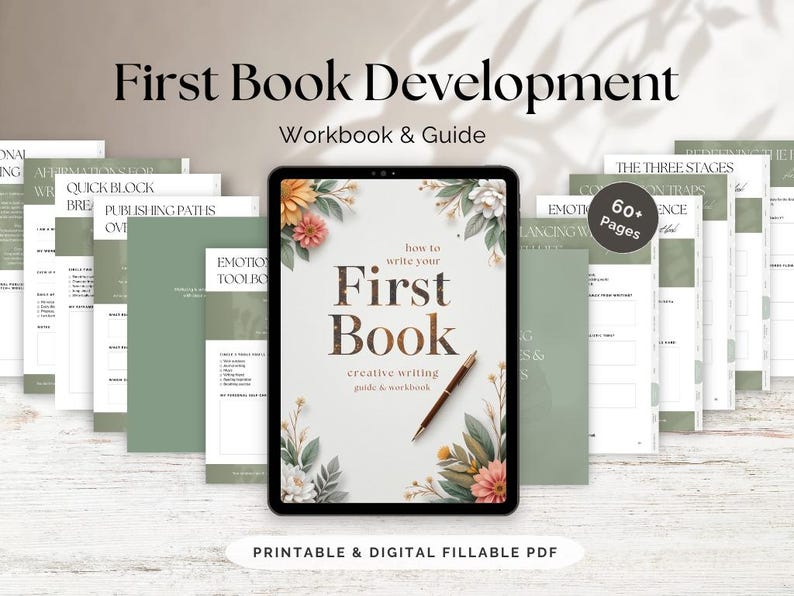 First Book Writing Guide PDF for beginners with interactive workbook, writing prompts, checklists, and self-publishing tips
